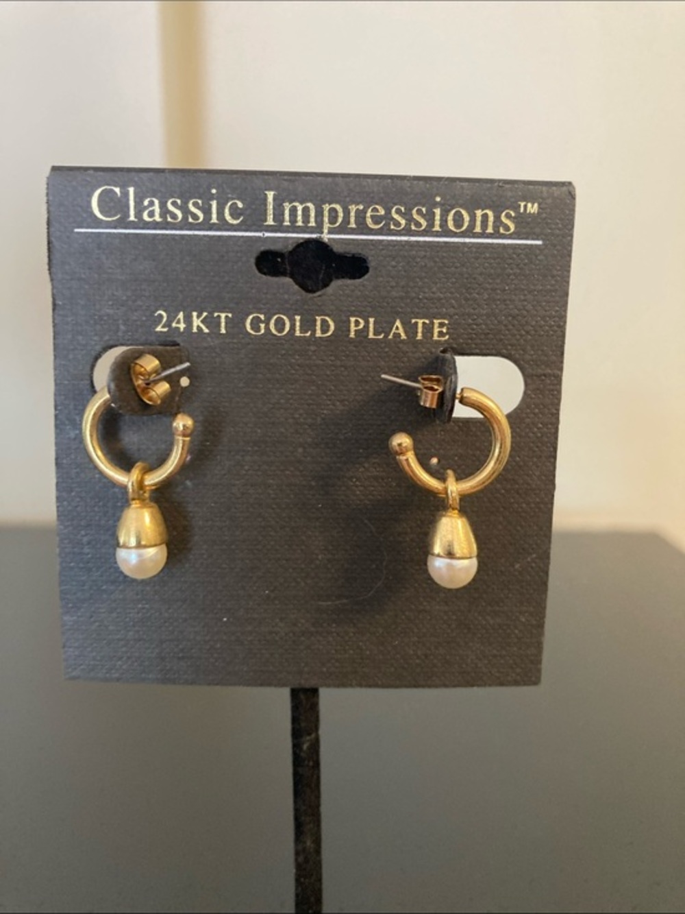 Impressions Gold Hoop Earrings with Pearl Drops - Gold & White